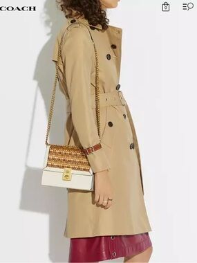 COACH White and Tan Woven Leather Shoulder Bag with Gold Chain